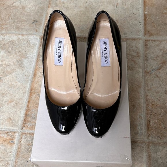 Auth. Jimmy Choo Cosmic Pump Black Patent Leather Platfrom High Heel 38 1/2 - Picture 7 of 15